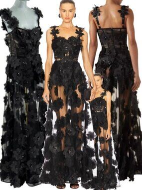 🆕 BRONX & BANCO 🧿 NWOT Rosalie Noir Floral-Appliqué Tulle Gown, Sz L US 8